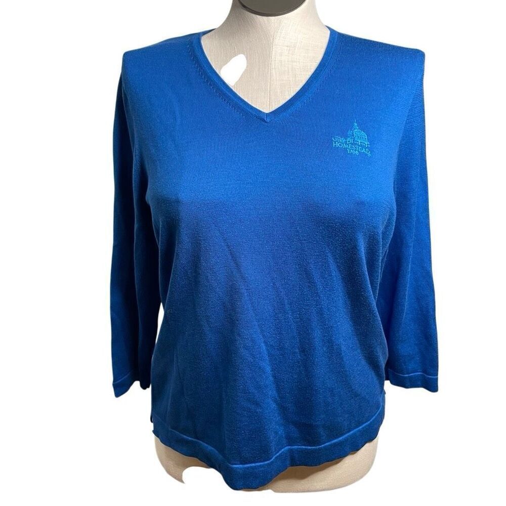 EP Pro Womens Silk Blend V Neck Sweater XL Blue Fine Knit 3/4 Sleeve Golfcore